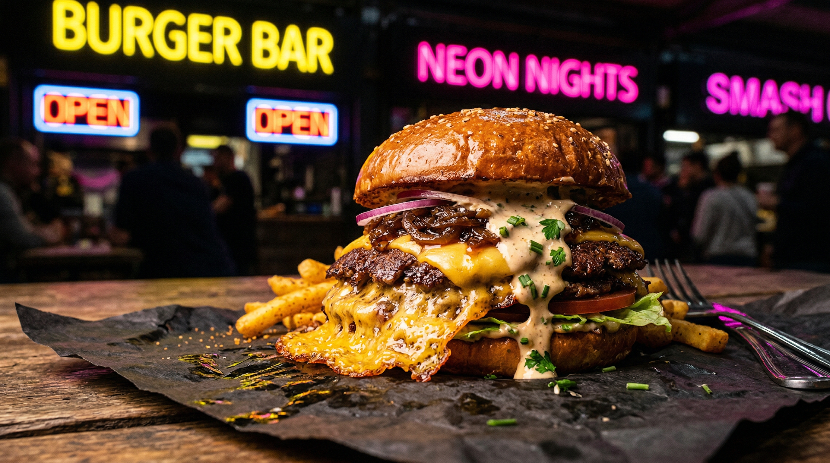 Gourmet smash burger med cheese skirt og karamellisert løk fra The Greedy Box