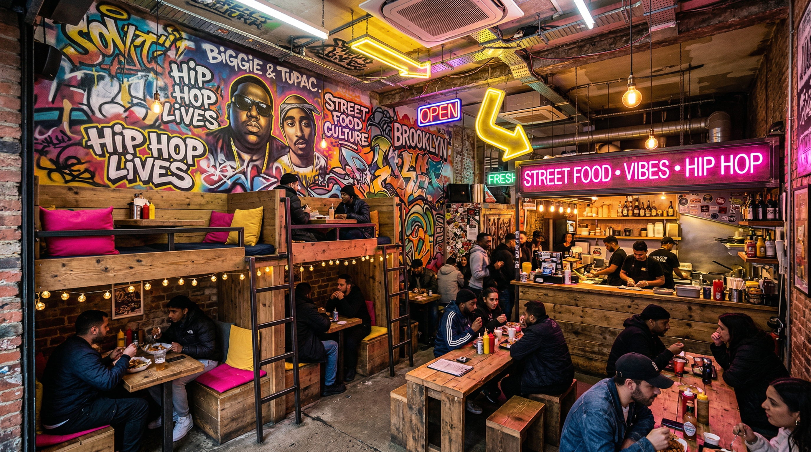 Interiøret i The Greedy Box — graffiti, køyeseng-plasser og hip-hop vibes