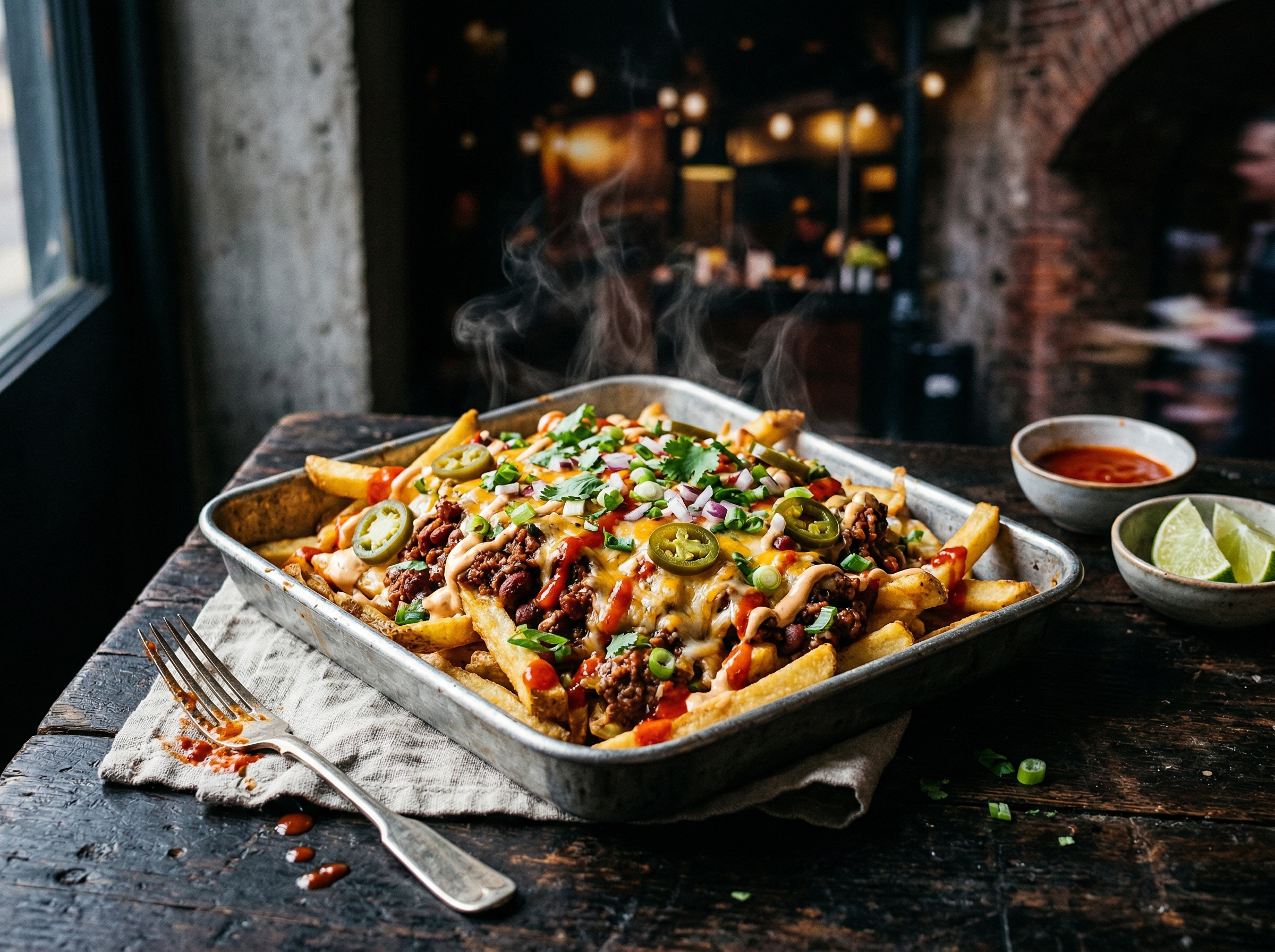 Hjemmeskårne loaded fries med smeltet ost, chili og friske urter